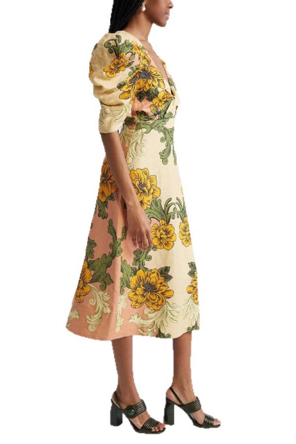 V-Neck Twist Cutout Puff Sleeve Retro Floral Print Midi Dress