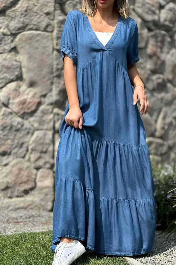 Denim solid color V-neck casual skirt Navy blue