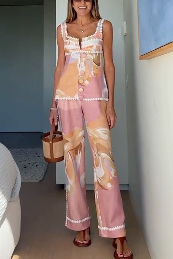 European Summer Linen Blend Ric Rac Trims High Rise Pocket Loose Pants Pink