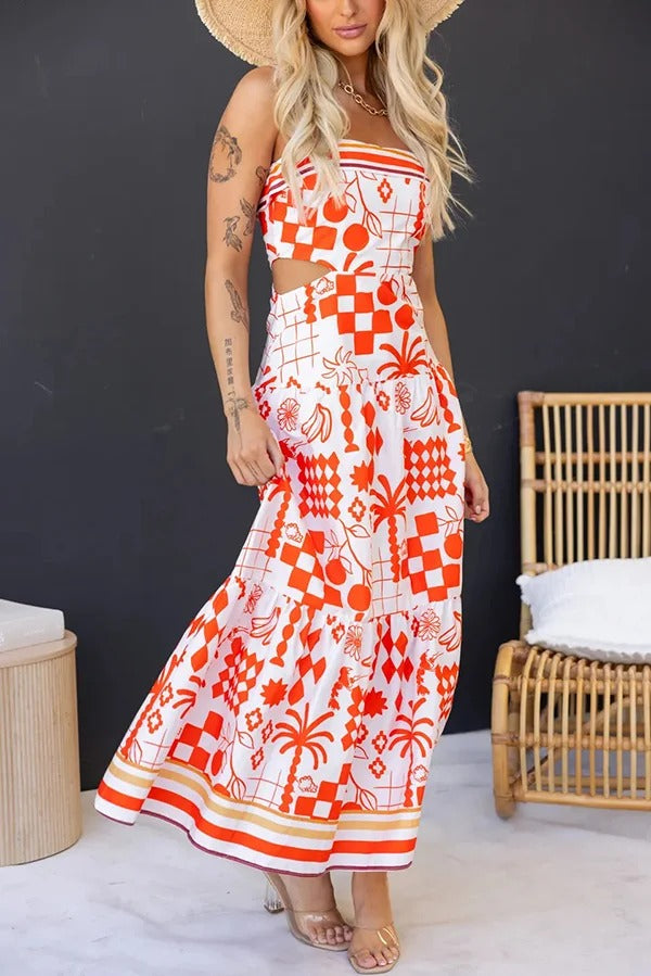 Unique Print Waist Cutout Back Gathered Suspender Maxi Dress