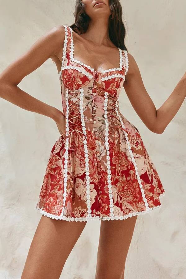 Vintage Floral Print Lace Trim Corset Style Mini Dress
