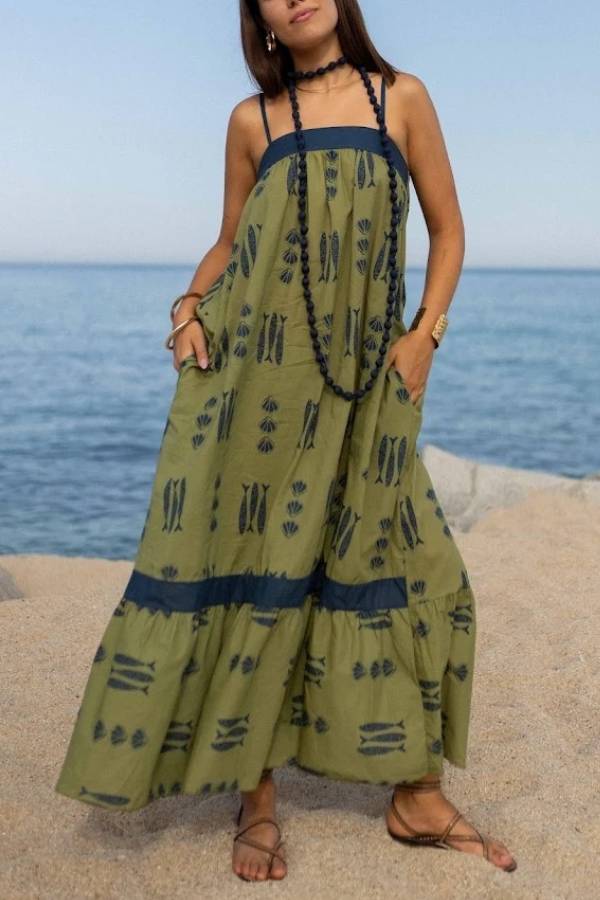 Contrast Waistband Fish Shell Print Cami Tiered Maxi Dress Loose Beach Vacation Sundress