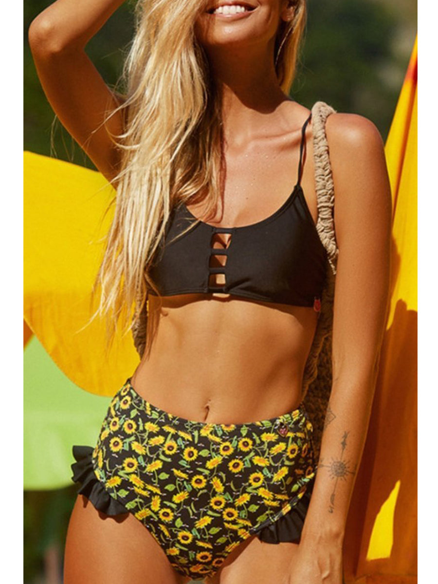 Floral Printed Bandage Hollow-out Design Yellow Bikini Set Yellow