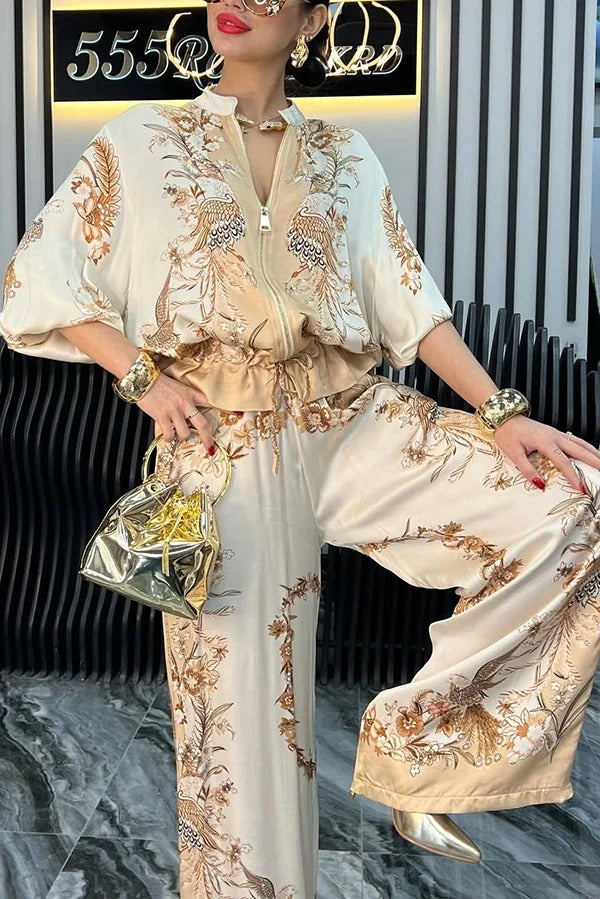 Unique Printed Casual Long-sleeved Loose Top and Elastic Waist Pocket Wide-leg Pants Set
