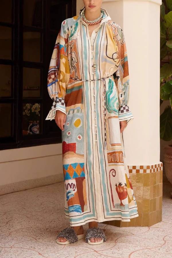 Abstract Art Print Loose Long Shirt Dress