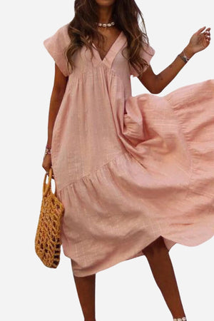 V Neck Tiered Cotton Midi Dress Peach Fuzz