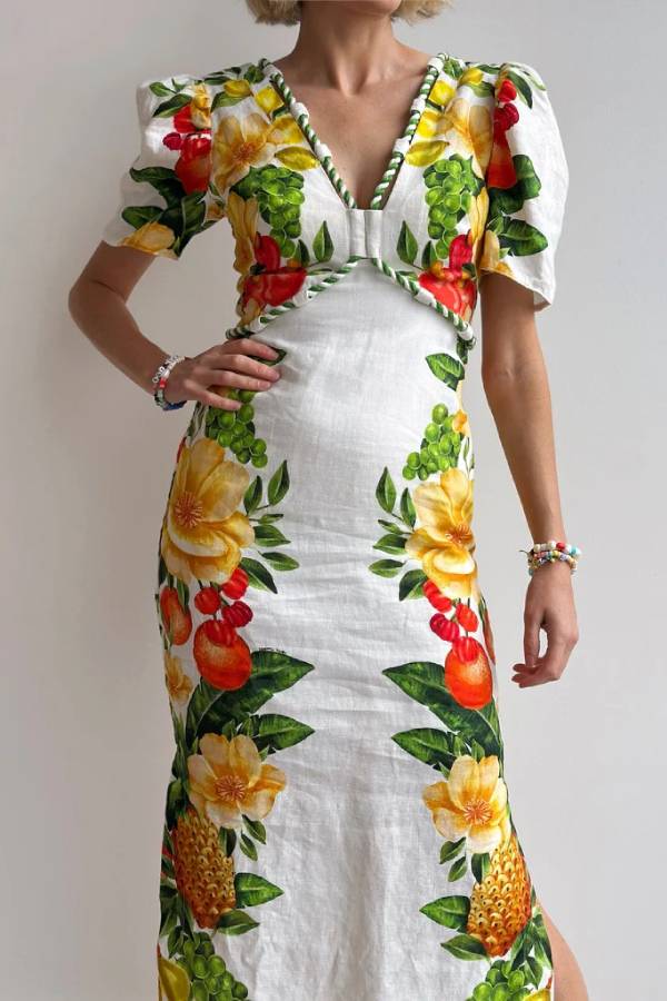 Picnic Flowers Linen Blend Floral Print Puff Sleeve Braided Rope Trim Maxi Dress