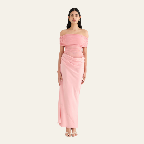 The Capri Off-Shoulder Draped Evening Maxi Dress