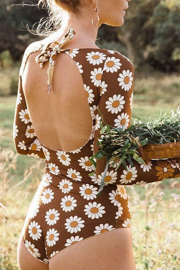 Active Daisy Low Back Long Sleeve High Neck Rash Guard One-piece Swimsuit Brown