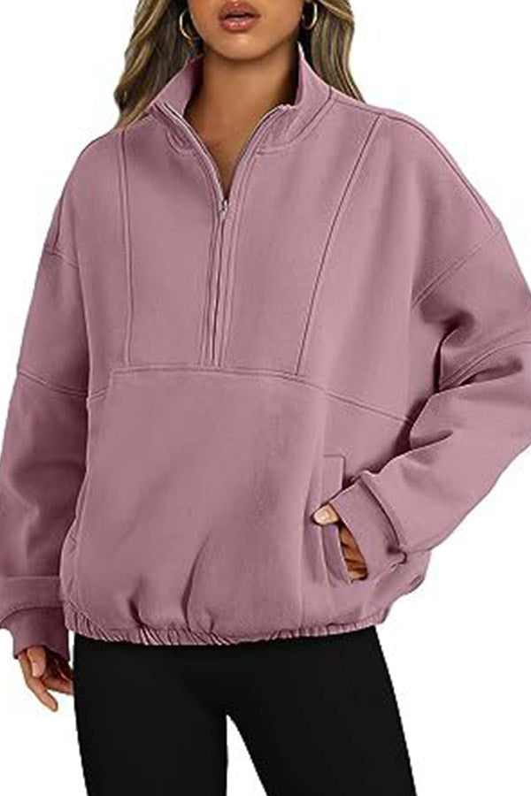 Zip Pocket Pullover Stand Collar Long Sleeve Top Fuchsia