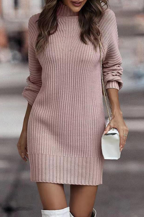 Rieuh Turtleneck Long Sleeve Knitted Mini Dress Pink