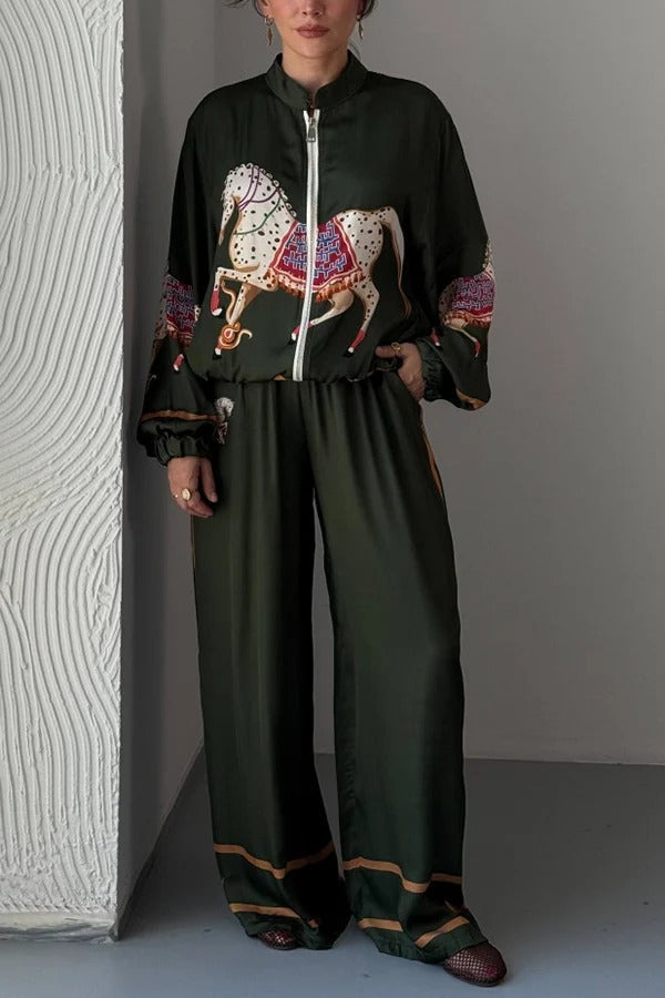 Artistic Satin Colorblock Horse Print Stand Nack Long Sleeve Pocket Zipper Jacket