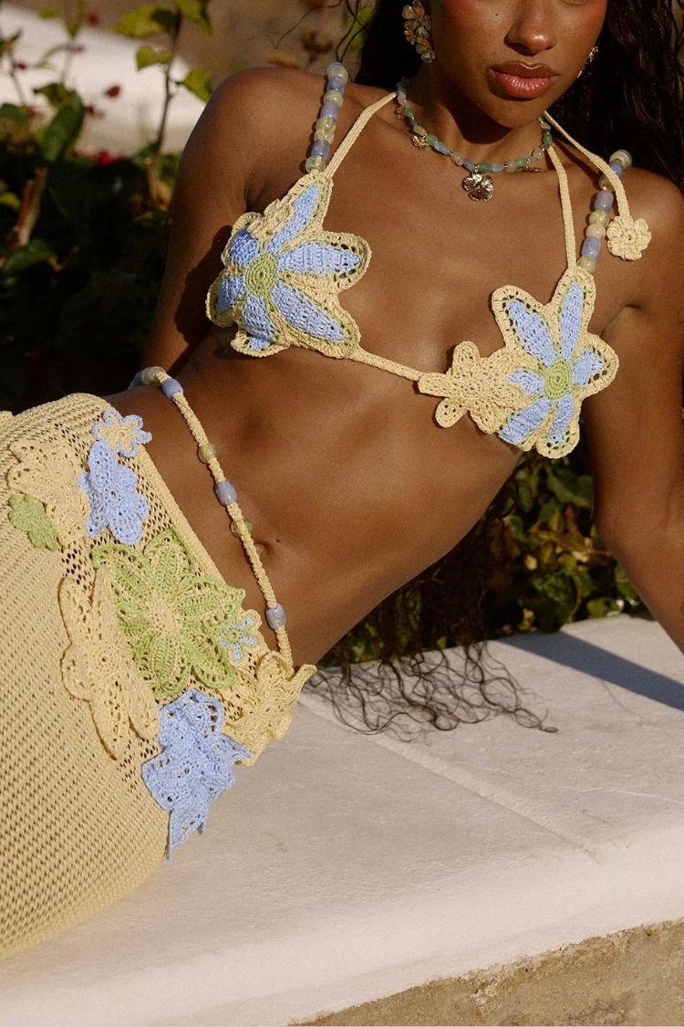 Reina Knit Crochet Handmade Flower Beaded Strap Stretch Bralette