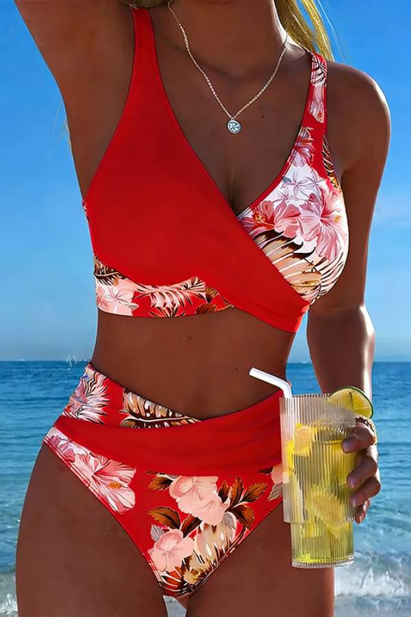 Tropical Floral Print Wrap-Front High-Waisted Bikini Set