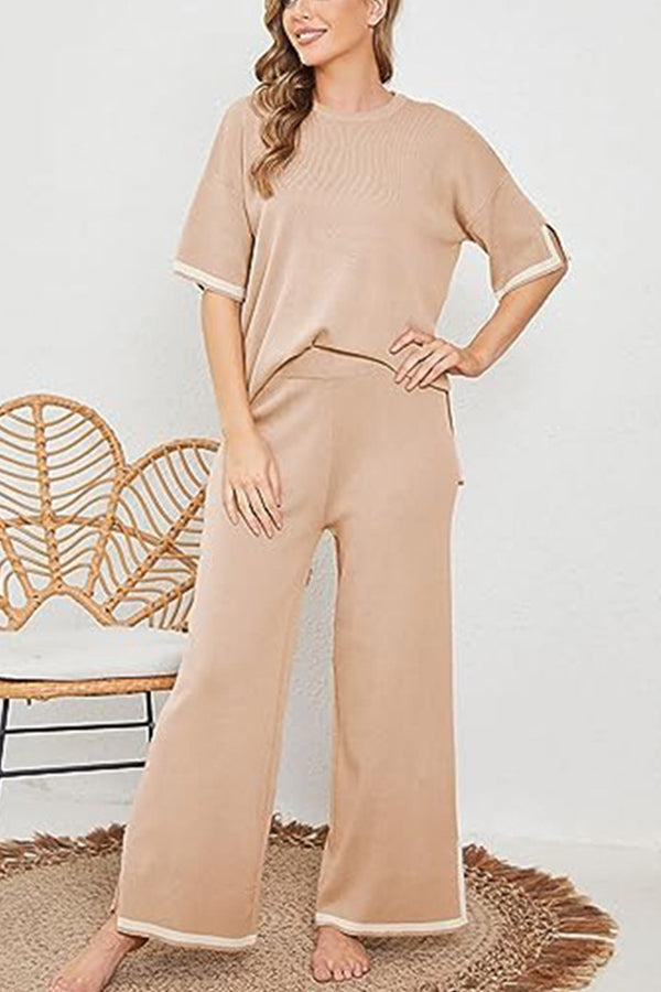 Lounge or Casual Wear Knit Patchwork Color Block Short Sleeve Top and Elastic Wide Leg Pants Khaki