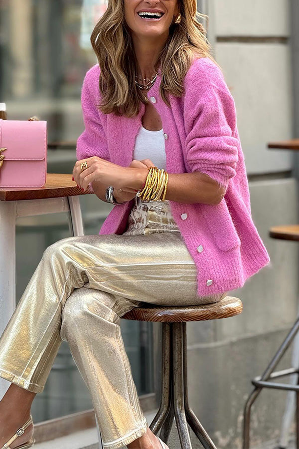 Loose and simple round neck sweater cardigan Pink