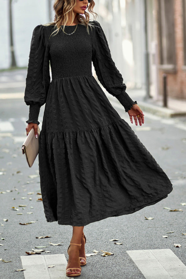 Solid Lantern Sleeve Ruffle Hem Shirred Dress
