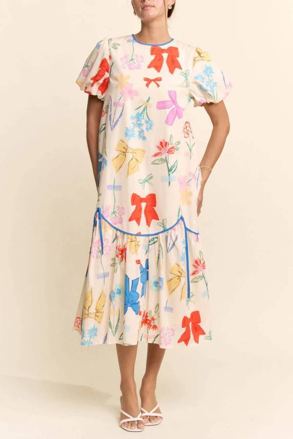 Colorful Bow Floral Print Puff Sleeve Midi Dress