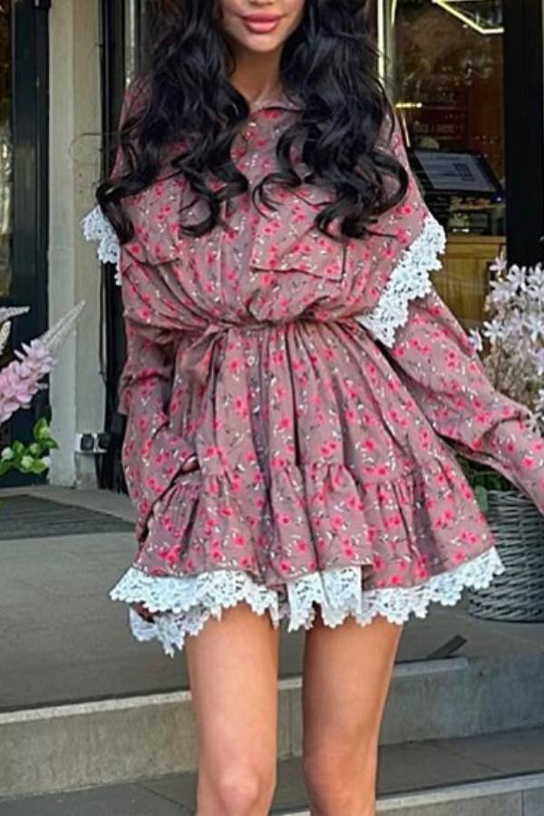 Ditsy Floral Lace Trim Waist‑Tie Shirt Mini Dress