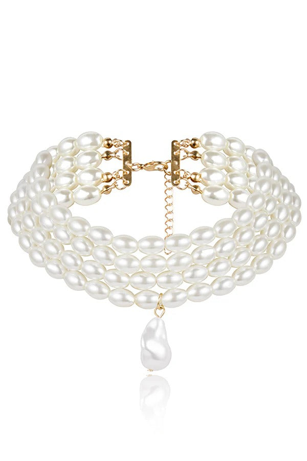 Stylish Geometric Pearl Beaded Multi-Layer Necklace 1 one size