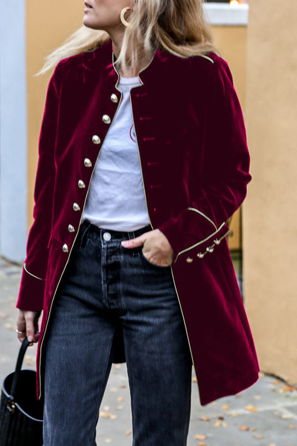 Warm velvet patchwork multi-button women's jacket Red