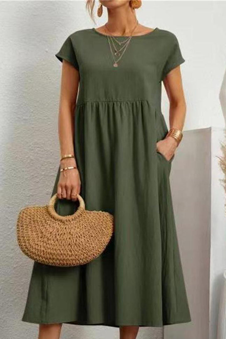Cotton Linen Solid Short Sleeve Midi Dress Dark Green