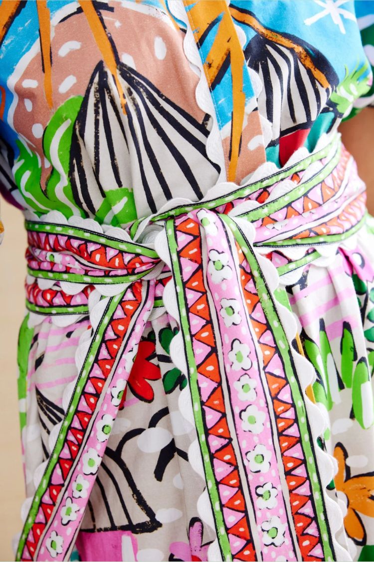 Daliah Unique Printed Wave Lace Puff Sleeves Loose Pocket Maxi Dress