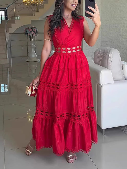 Ärmelloses Vintage-Maxikleid mit Spitzenstickerei und Hohlsaum