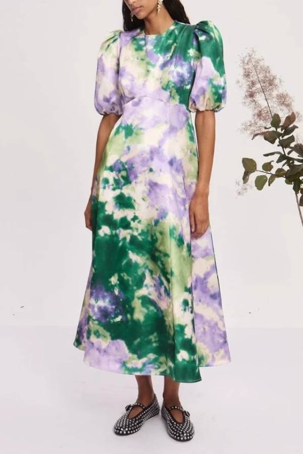 Green & Purple Tie-Dye Puff Sleeve Waist Tiered Satin Midi Dress