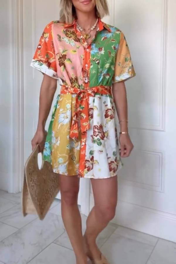 Turn-Down Collar Short Sleeve Color-Block Print Tie-Waist Shirt Dress