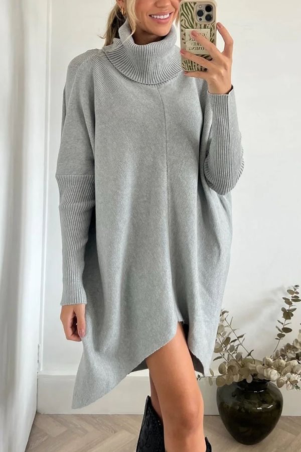 Perfect Winter Walks Knit Turtleneck High-low Hem Loose Midi Sweater ash
