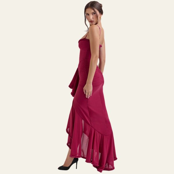 The Seville Draped Ruffle Evening Dress