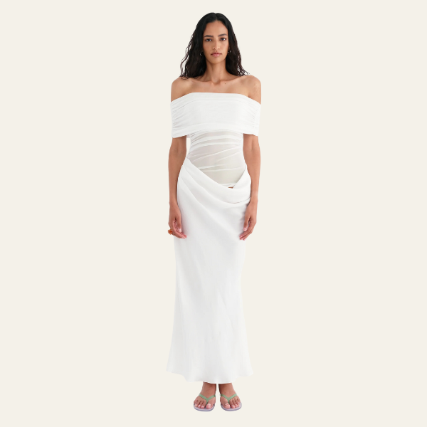 The Capri Off-Shoulder Draped Evening Maxi Dress