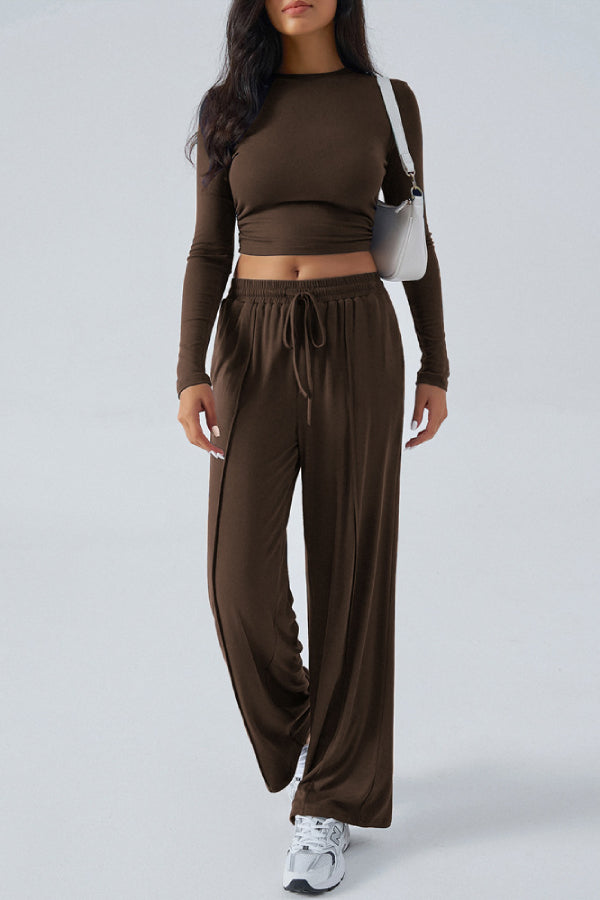 Temperament Knitted Round Neck Long Sleeve Two-piece Suit Brown