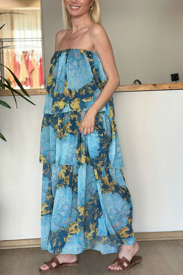 Robe longue sans bretelles à volants superposés et imprimé floral contrasté Cecily 