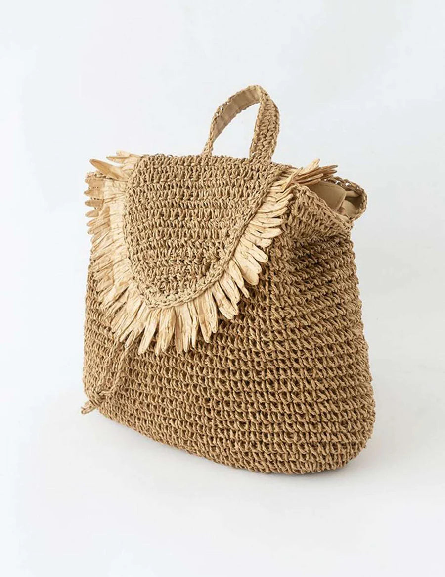 Caramel Fringed Trim Woven Straw Backpack Brown ONE SIZE