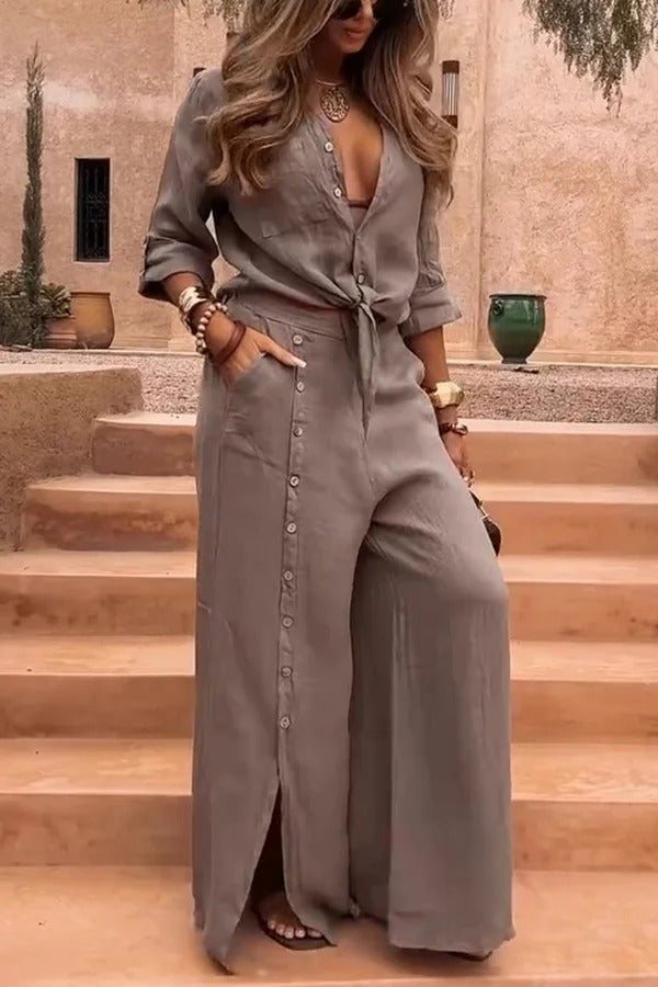 Ensemble chemise boutonnée décontractée à revers de couleur unie et pantalon ample à poches fendues