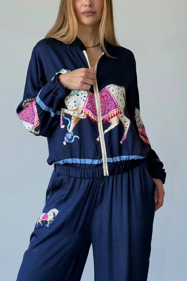 Artistic Satin Colorblock Horse Print Stand Nack Long Sleeve Pocket Zipper Jacket