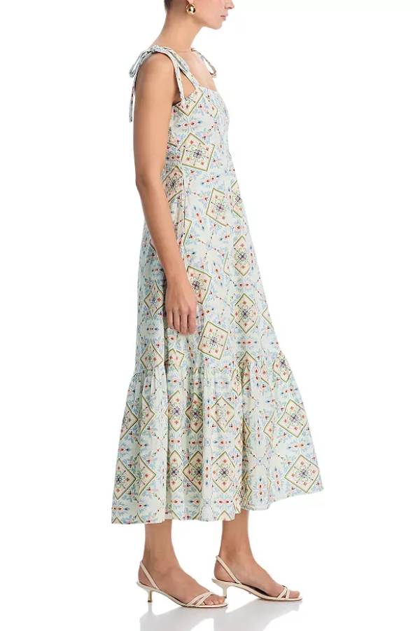Geometric Ethnic Print Tie-Strap Waisted Tiered Midi Dress