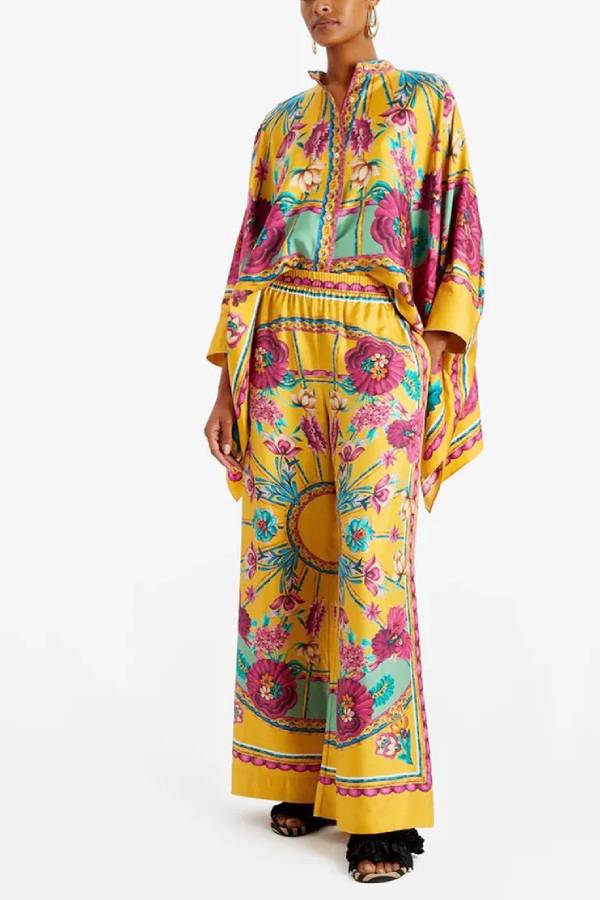 Fine Satin Floral Print Batwing Sleeve Pants Set - Ginger yellow Ginger yellow One Size