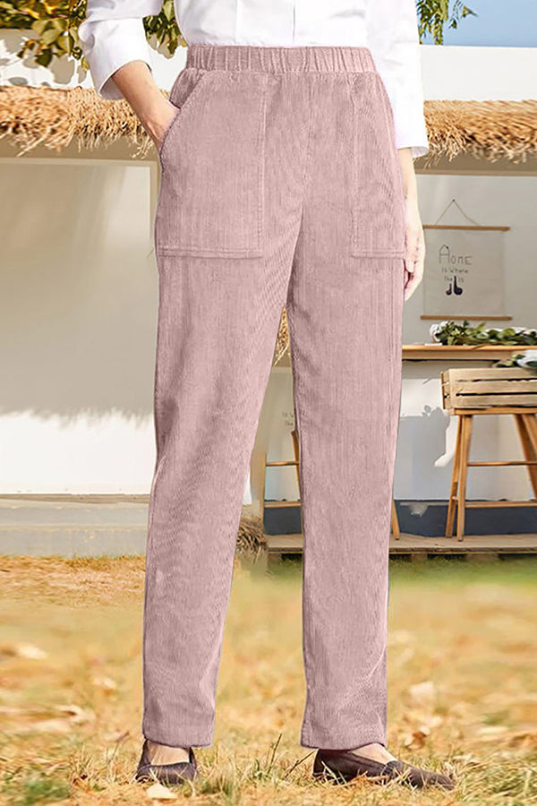 Solid color elastic waist striped straight casual pants Pink