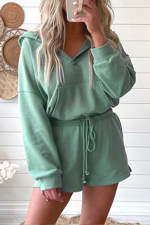 Blue French Terry Hoodie Two Piece Shorts Set Blue