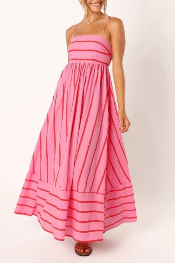 Striped Spaghetti Strap High-Waisted Maxi Dress