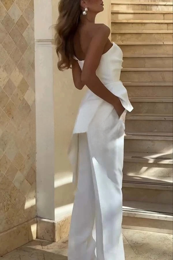 Ensemble haut asymétrique à col en cœur et ourlet à volants Amena et pantalon large à taille élastique avec poches