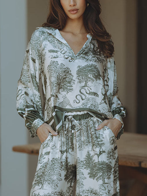 Haut ample à manches longues en satin à imprimé floral jungle