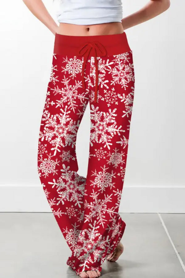 Christmas Drawstring Printed Wide Leg Pants Red