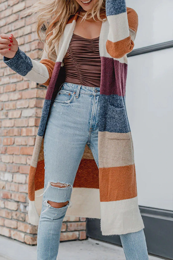 Knitted Color Block Open Front Long Cardigan MULTICOLOR