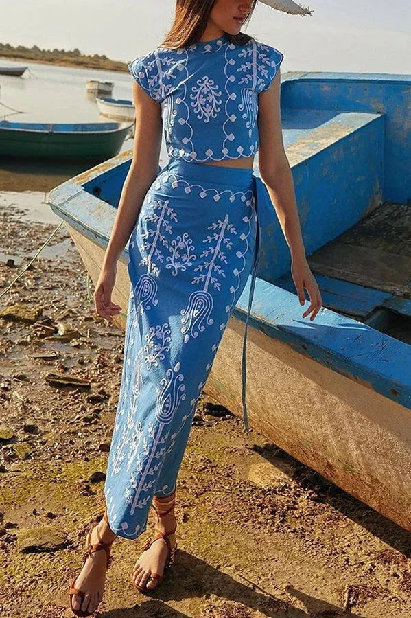 Rima Linen Blend Ethnic Print Crop Top & Tire-up Wrap Midi Skirt Set Blue