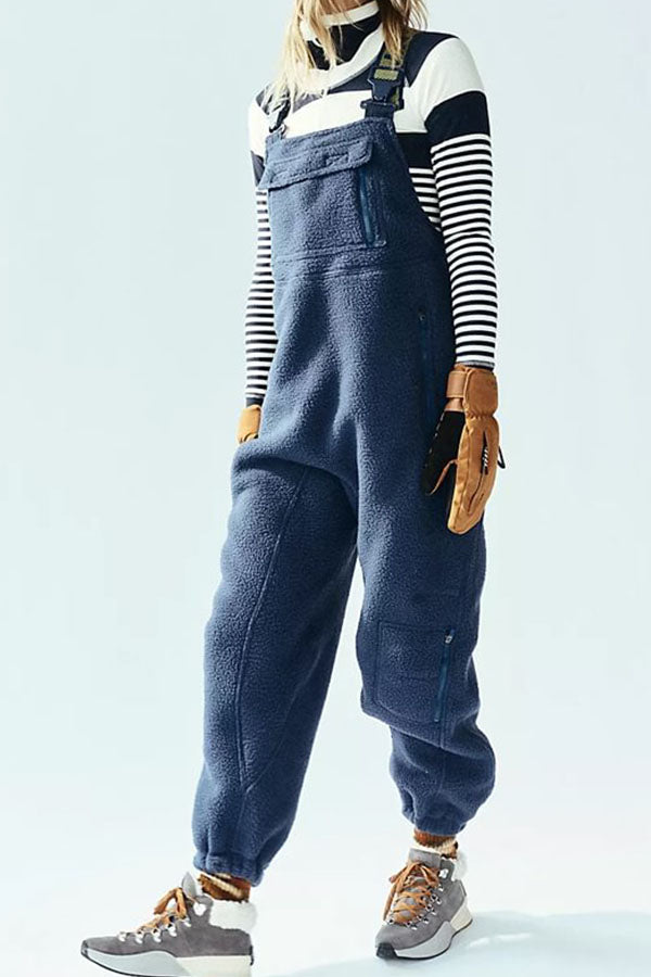 Outdoor Plush Solid Color Warm Women's Overalls Blue