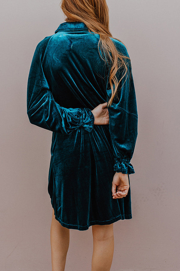 Velvet Double Pocket Shirt Collar Button Elegant Long Sleeve Dress